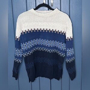 Womens Olsen Block Print Lightweight Sweater Size XS 4 Blue Cream Fall Preppy